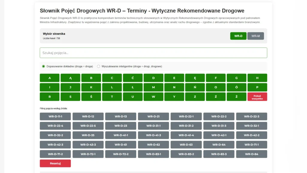 Słownik Pojęć Drogowych WR-D – Terminy - Wytyczne Rekomendowane Drogowe aplikacja Marcin Hałuszczak